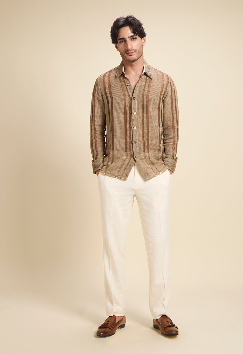 Brown Linen Shirt with Pleated Collar & Cuff