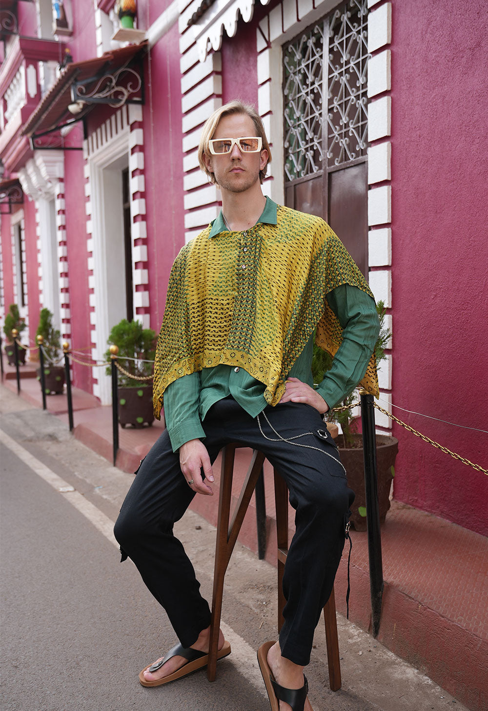 Milk Fibre Shirt with Yellow Ajrakh